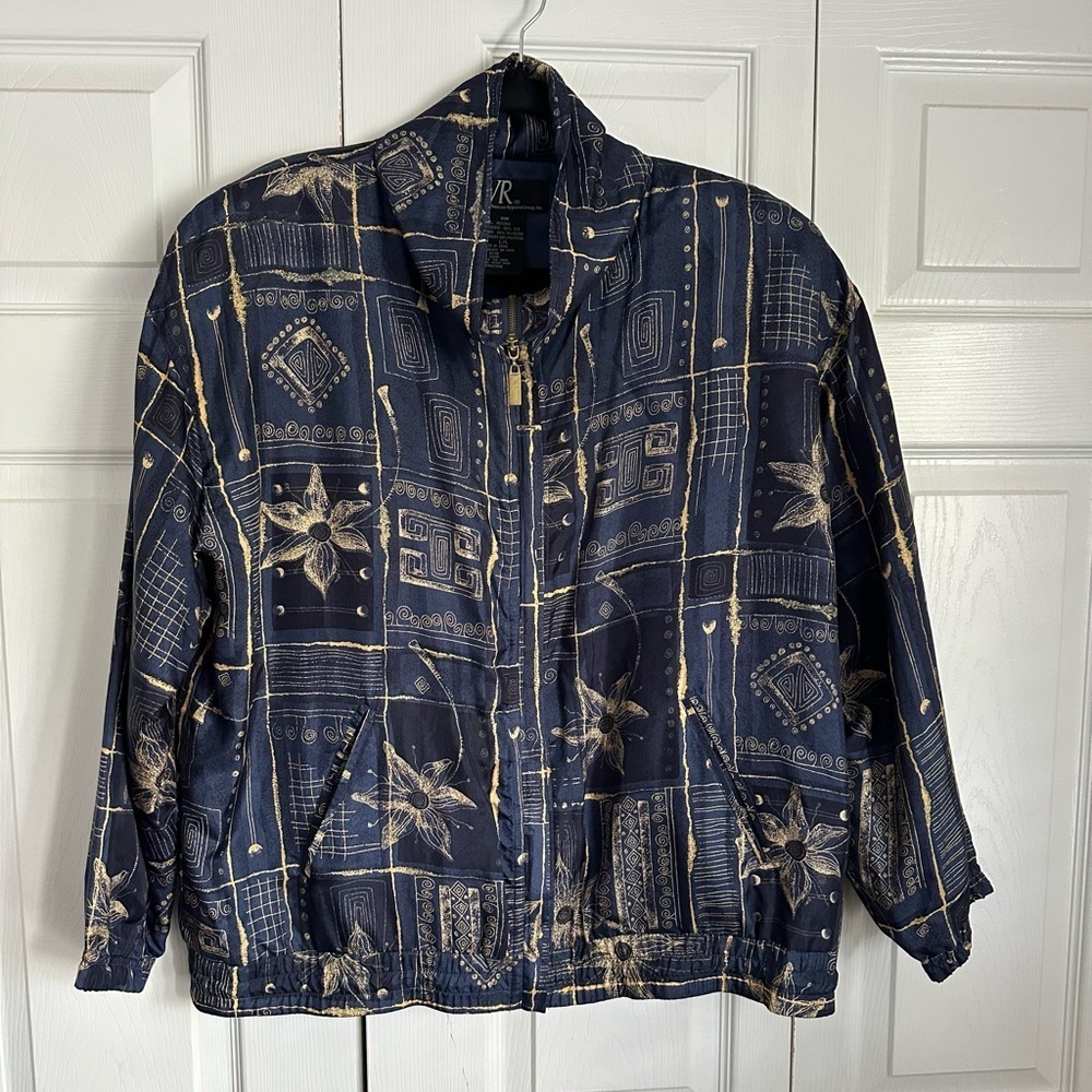 Vintage EVR Jacket Womens Large Blue Gold Silk Bomber Zip Front Abstract Floral